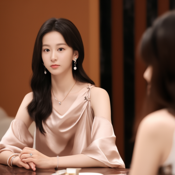 刘诗诗,生活瞬间，美女，韩系美女，丝绸，美妆广告，家庭餐桌，4K超清，写实风格，温馨，柔和室内光，细腻皮肤，项链，耳环，手链。