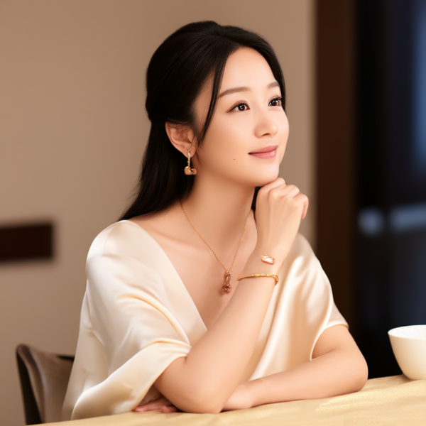 赵丽颖,生活瞬间，美女，韩系美女，丝绸，美妆广告，家庭餐桌，4K超清，写实风格，温馨，柔和室内光，细腻皮肤，项链，耳环，手链。