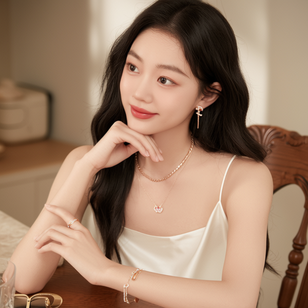 生活瞬间，美女，韩系美女，丝绸，美妆广告，家庭餐桌，4K超清，写实风格，温馨，柔和室内光，细腻皮肤，项链，耳环，手链。