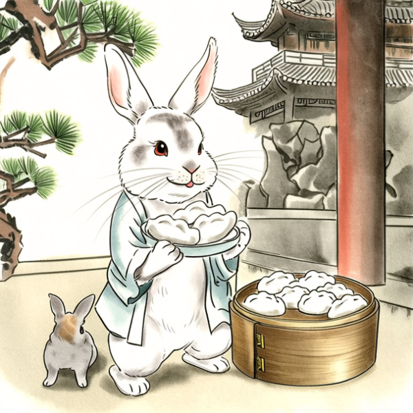 国画，兔子吃饺子，兔子的满足表情，中国传统庭院，超高清分辨率，中国风，细腻，自然光，水墨渲染