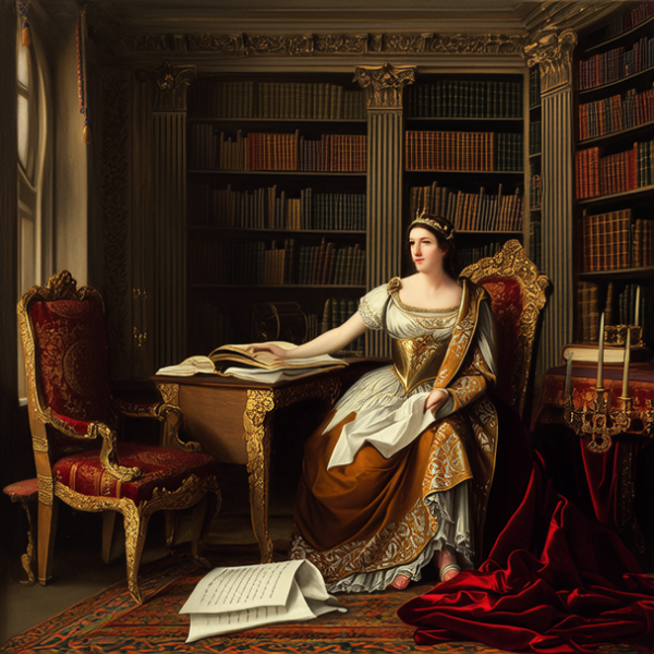 古典宫廷，特写镜头，超高清分辨率，写实风格，希腊公主，公主在书房，华丽的服饰，书架和地毯，4K超清，油画风格，华丽，丝绸和羊皮纸，人物，宫殿，摄影